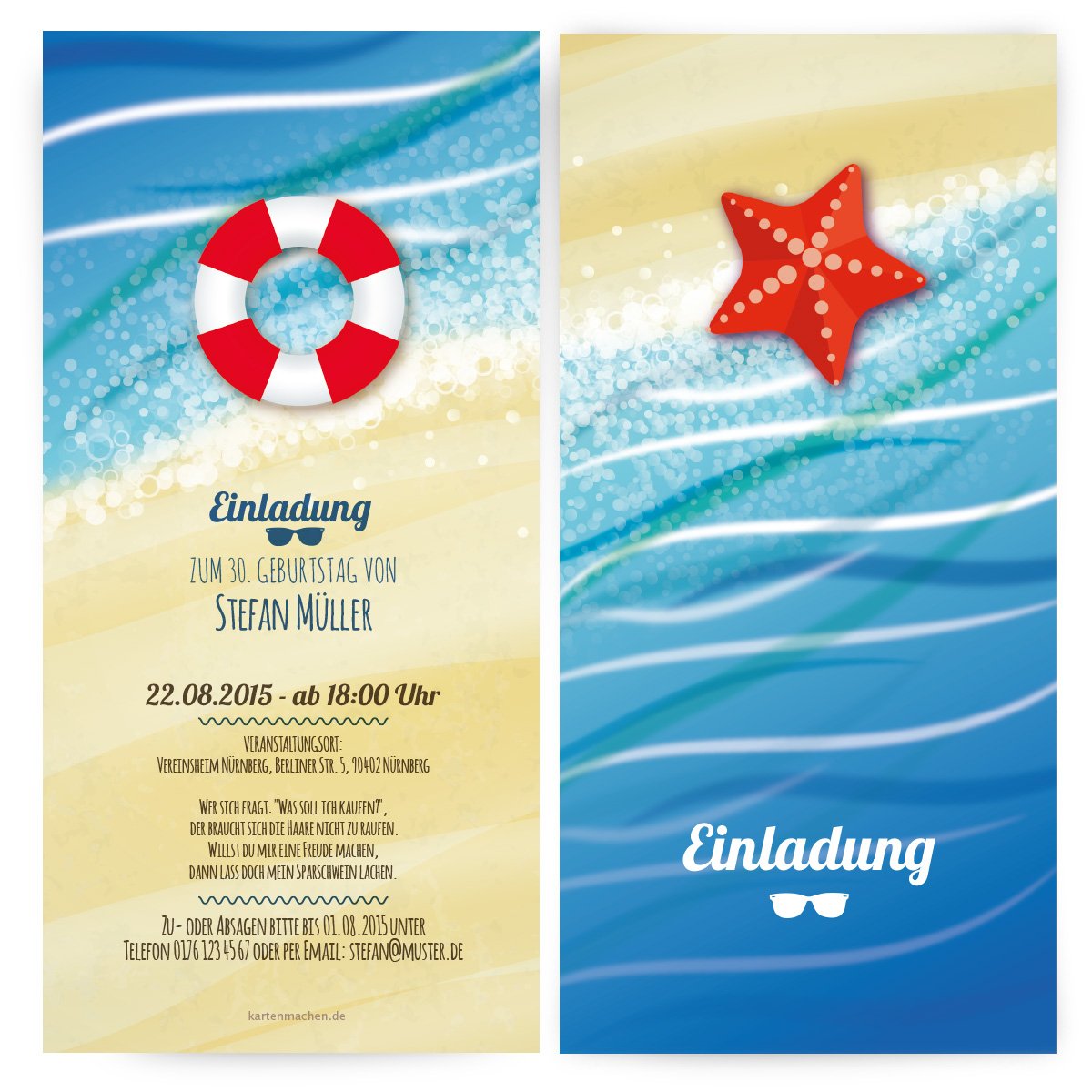 Einladungen (60 Stück) zum Geburtstag im Stand & Meer Motiv Sommer Einladungskarten