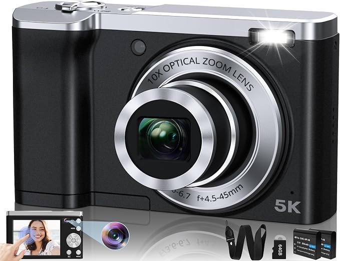 5K Digital Camera 56MP Cameras for Photography Autofocus,10X Optical Zoom Vlogging Compact Camera with Front and Rear Camera,6-Axis Anti-Shake,Touch Screen with 64GB SD Card,2 Batteries