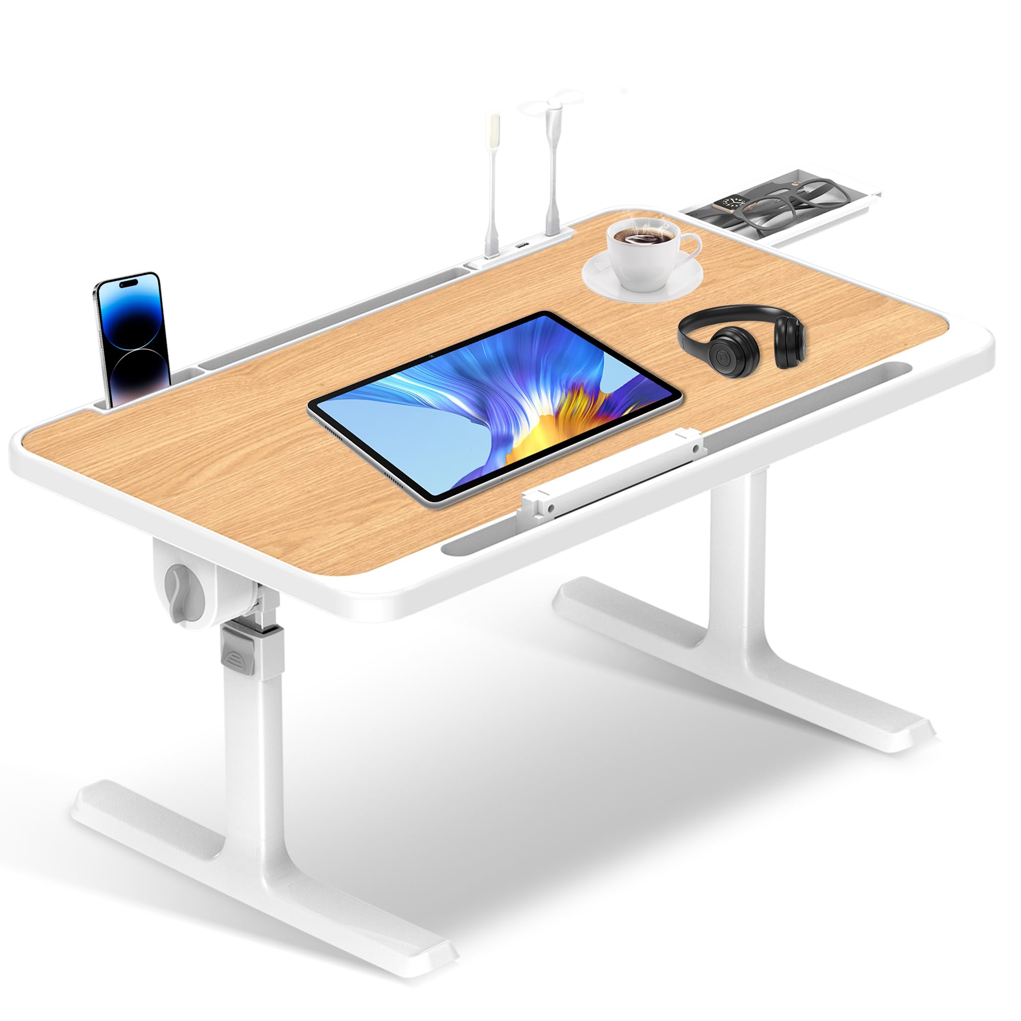 Soontrans Tavolino da Letto 60x40cm, Vassoio da Letto con Cassetto e Supporto per Tablet, Regolabile in Altezza und Angolo, Pieghevole, Tavolo da Letto per Letto, Divano, Pavimento(Colore del Legno)