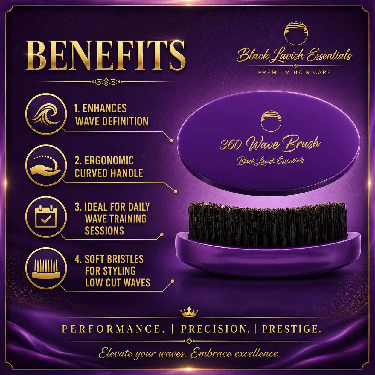 Cepillo de ondas 360, crea ondas más profundas, cerdas de jabalí suaves y duras, cerdas curvas negras LAVISH ESSENTIALS (morado, cepillo de dureza media)