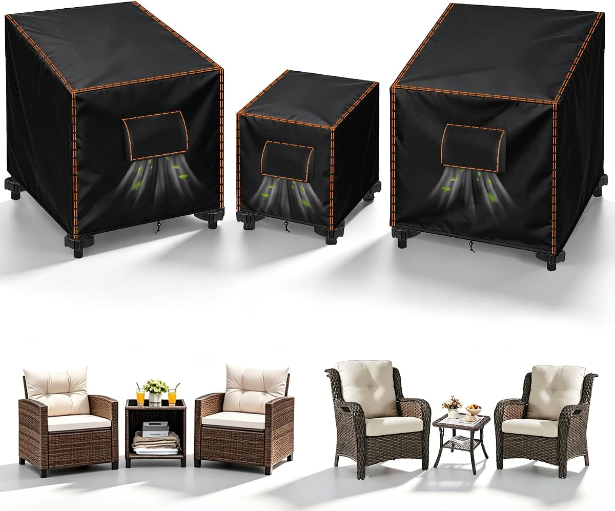 SUNICO Patio Furniture Covers 3 Piece Set,Outdoor Waterproof,Medium,Black | Uv protect outdoor furniture covers fit patio furniture outdoor bistro set for 2 chairs and side Table,420D tear-resistant