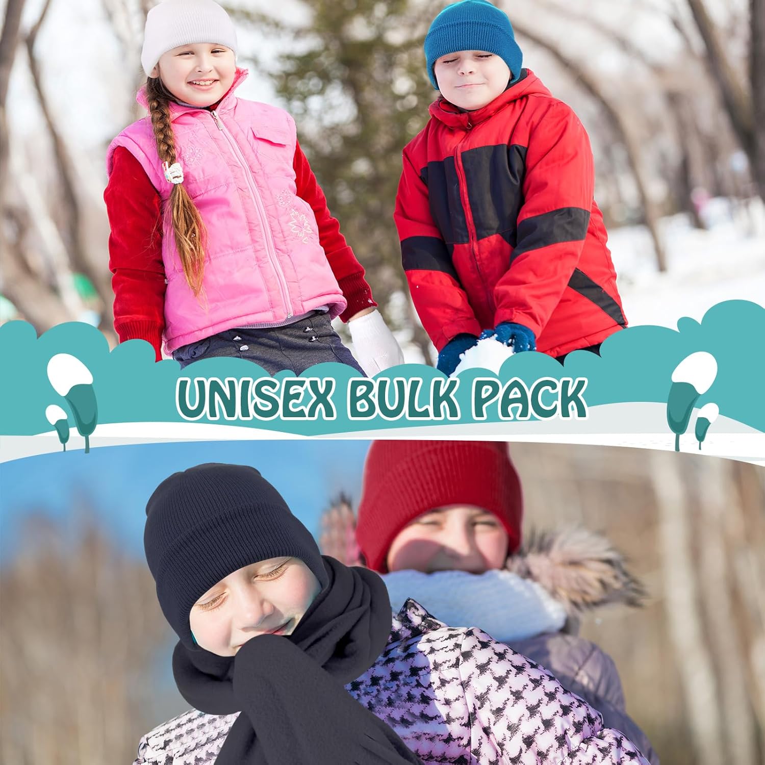 Panitay 144 Pcs Kids Winter Hat Gloves Scarf Set 48 Solid Color Knit Beanie 48 Warm Gloves 48 Tassel Scarf for Boys and Girls