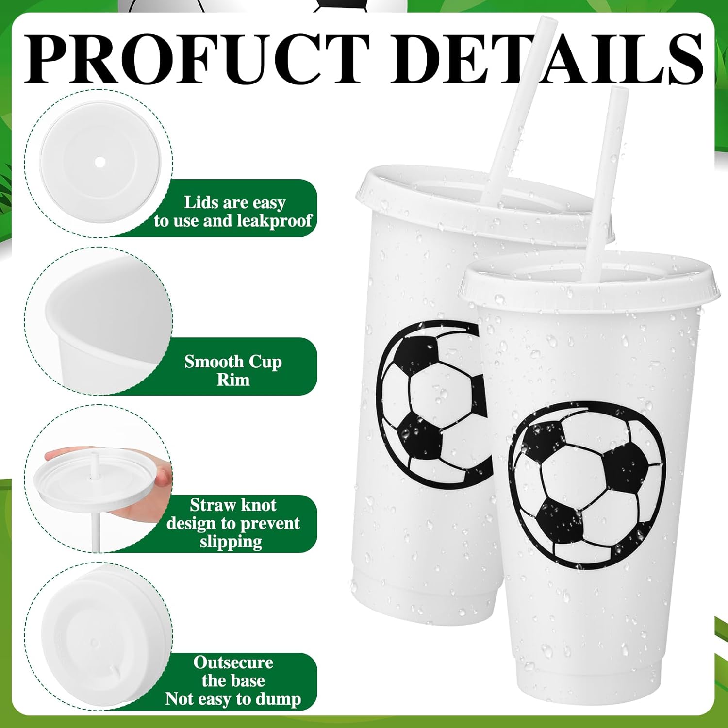 Domensi 12 Pcs Sport Soccer Plastic Cups with Lid and Straw 24 oz Reusable Plastic Cups Coffee Tumblers Gift for Fan Friend Guest Birthday Office Sport Party Supplies (White)