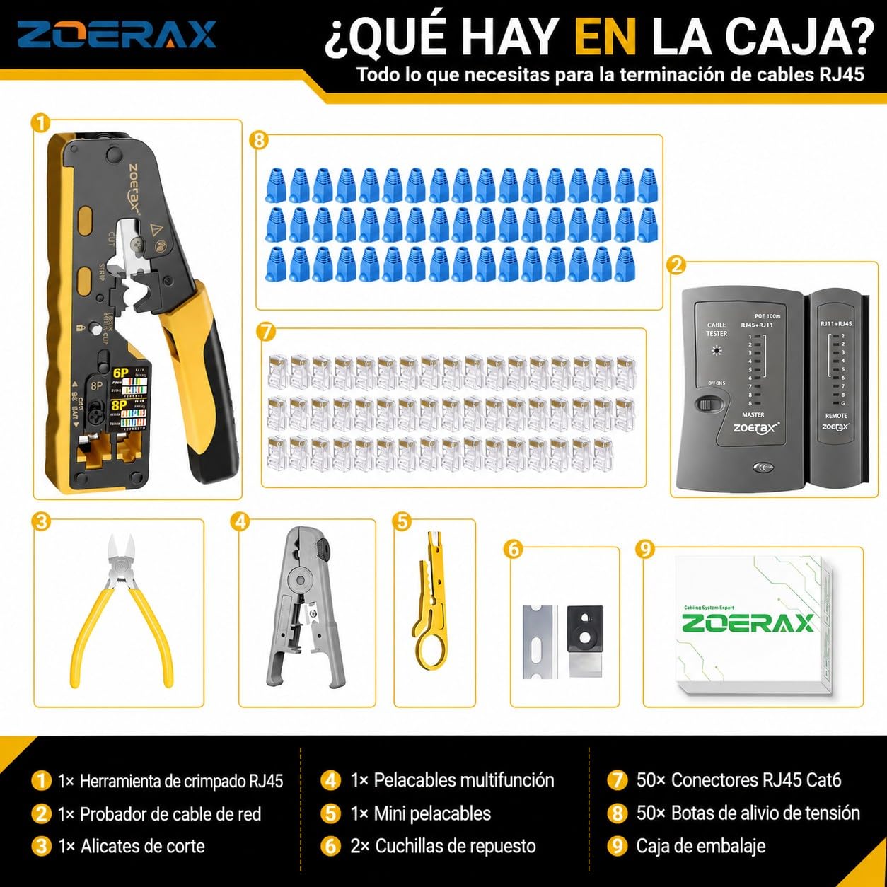 Kit de herramientas de paso RJ45 para Cat7, Cat6 y Cat5. Incluye comprobador de cables, pelacables, cortadores, 50 conectores Cat6 y botas de descarga, herramientas de red Ethernet para manualidades