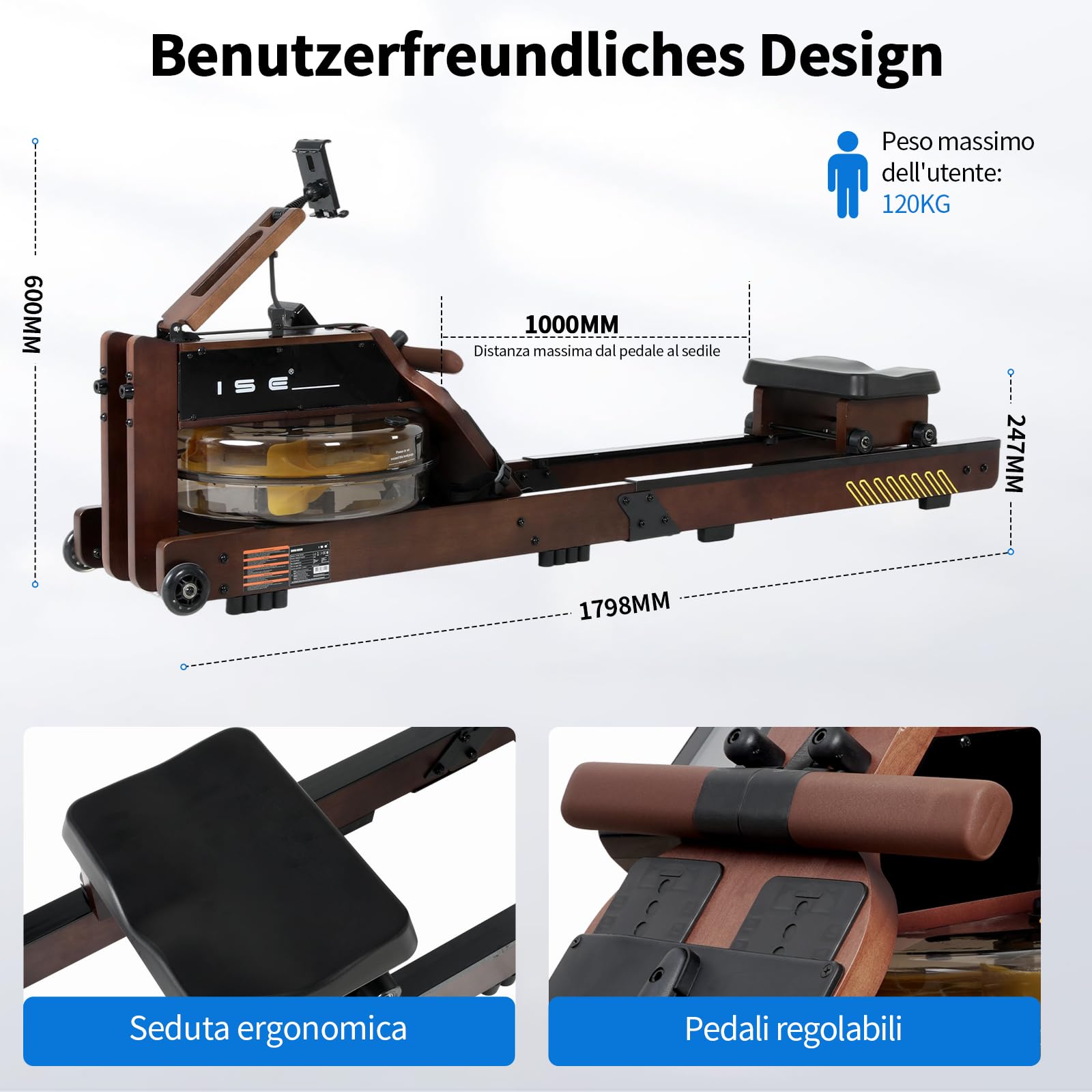 ISE Vogatore ad Acqua per Casa con APP, Vogatore Professionale da Casa con Resistenza all'Acqua Schermo LCD Supporto per Smartphone/Tablet