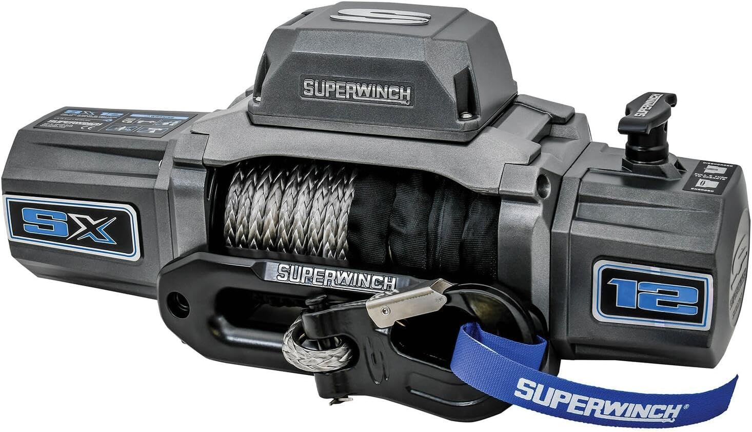 Superwinch 1712201 SX12SR 12V DC Electric Waterproof Recovery Winch 12,000lb/5,443kg Single Line Pull with Hawse Fairlead 3/8in x 85ft Synthetic Rope Corded Handheld and Wireless Remote No-Bind Clutch