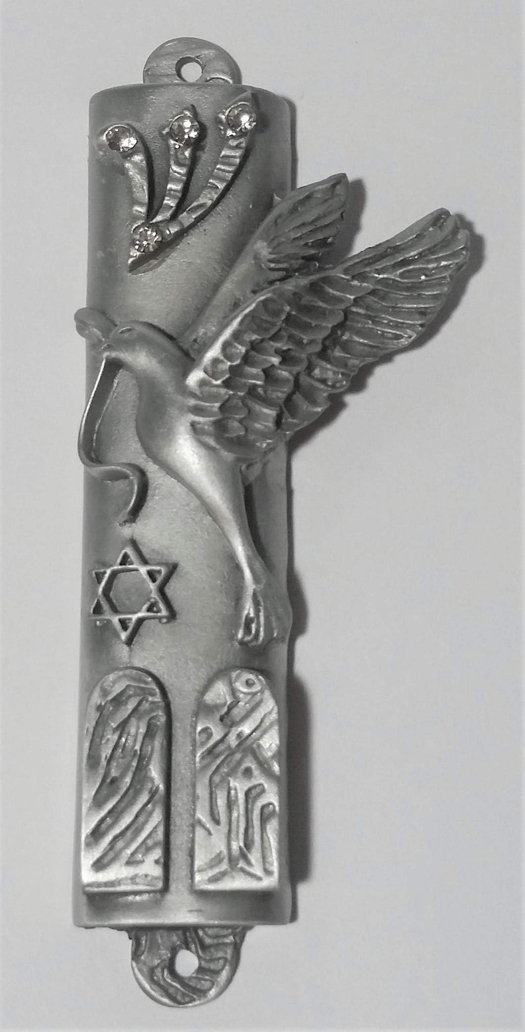 Pewter Mezuzah Peace Dove with Kosher Scroll and Crystal