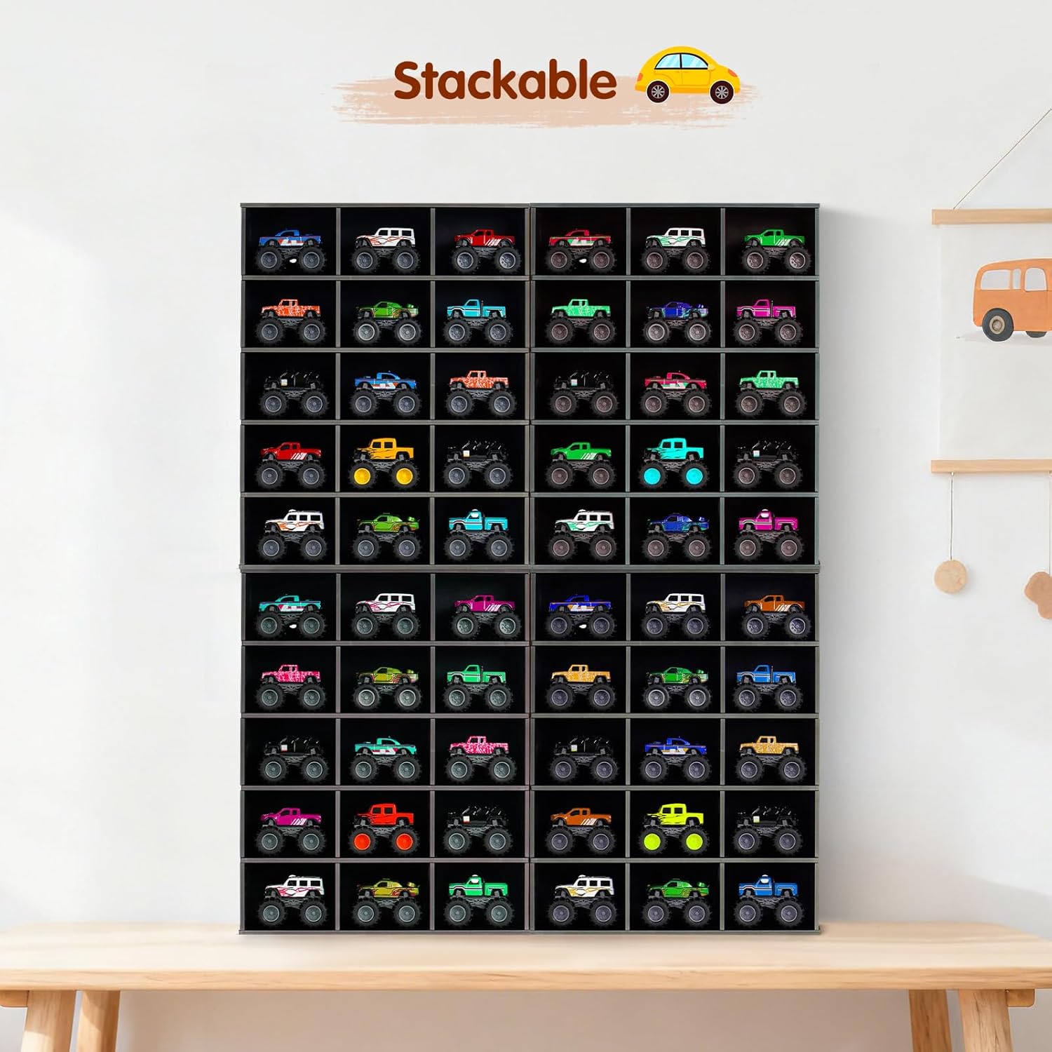 2 Pack Trucks Display Shelf, 15 Slot Toy Cars Display Case, Wall Mounted Toy Truck Storage Organizer Holder, Black