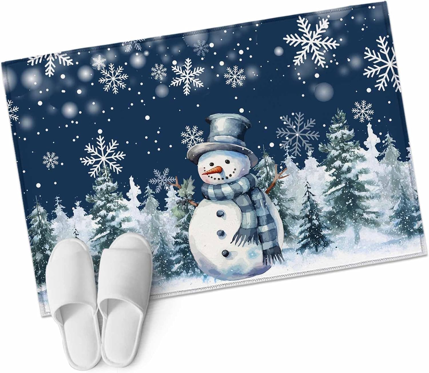 Entrance Runner Rug 2'x3', Christmas Snowman Non-slip Doormat for Indoor Outdoor Entrance, Xmas Trees Navy Blue Snowflake Washable Throw Floor Mat for Front Door/Living Room/Bedroom/Bathroom/Kitchen