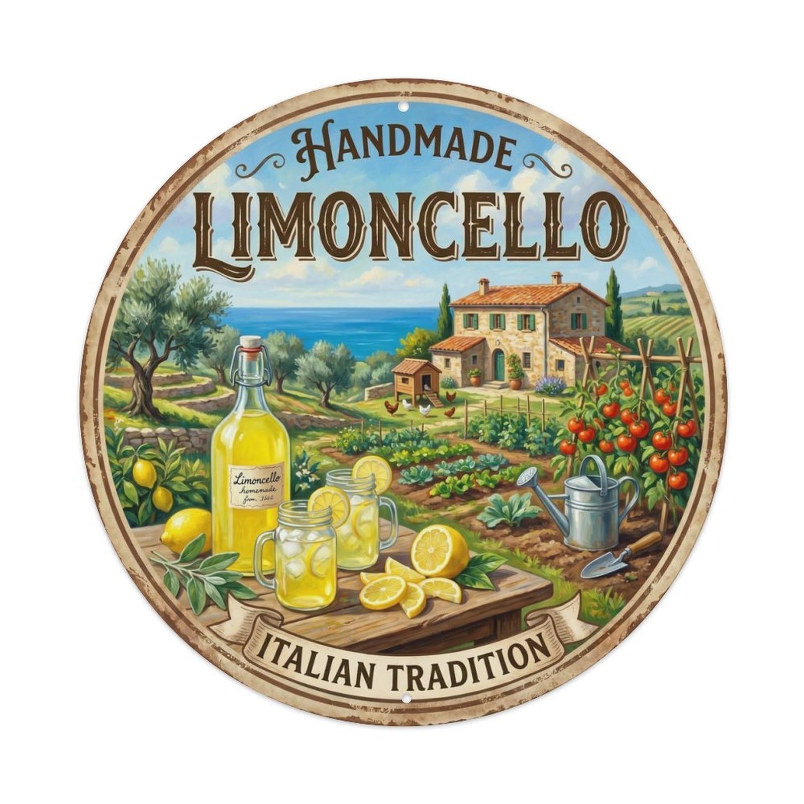 Fqcyn Style Handmade Mediterranean Limoncello Metal Tin Sign Plaque Wall Decor For Cafe, Club Bar, Office, Home Garden Round Metal Poster 8X8inch