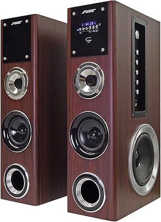FUZE Bluetooth対応 アンプ内蔵 デュアルウーファー タワースピーカー TSX250BT 木目 コンパクトサイズ 重低音 臨場感 音声最大出力76W ブルートゥース AUX マイク端子 カラオケ