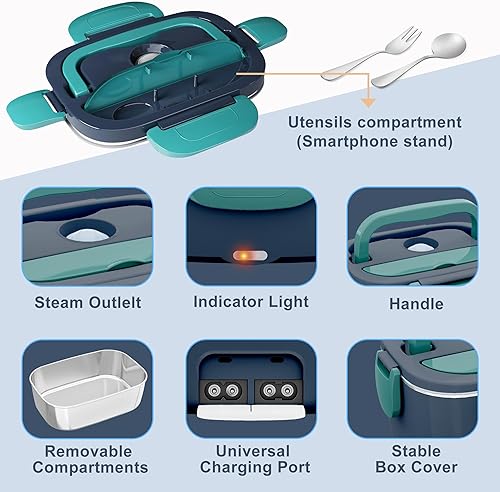 Miniatura 7 de Nifogo Fiambrera eléctrica con calentador de alimentos de 80 W, fiambreras térmicas para hombres, 1.5 l, lonchera eléctrica para adultos, portátil,