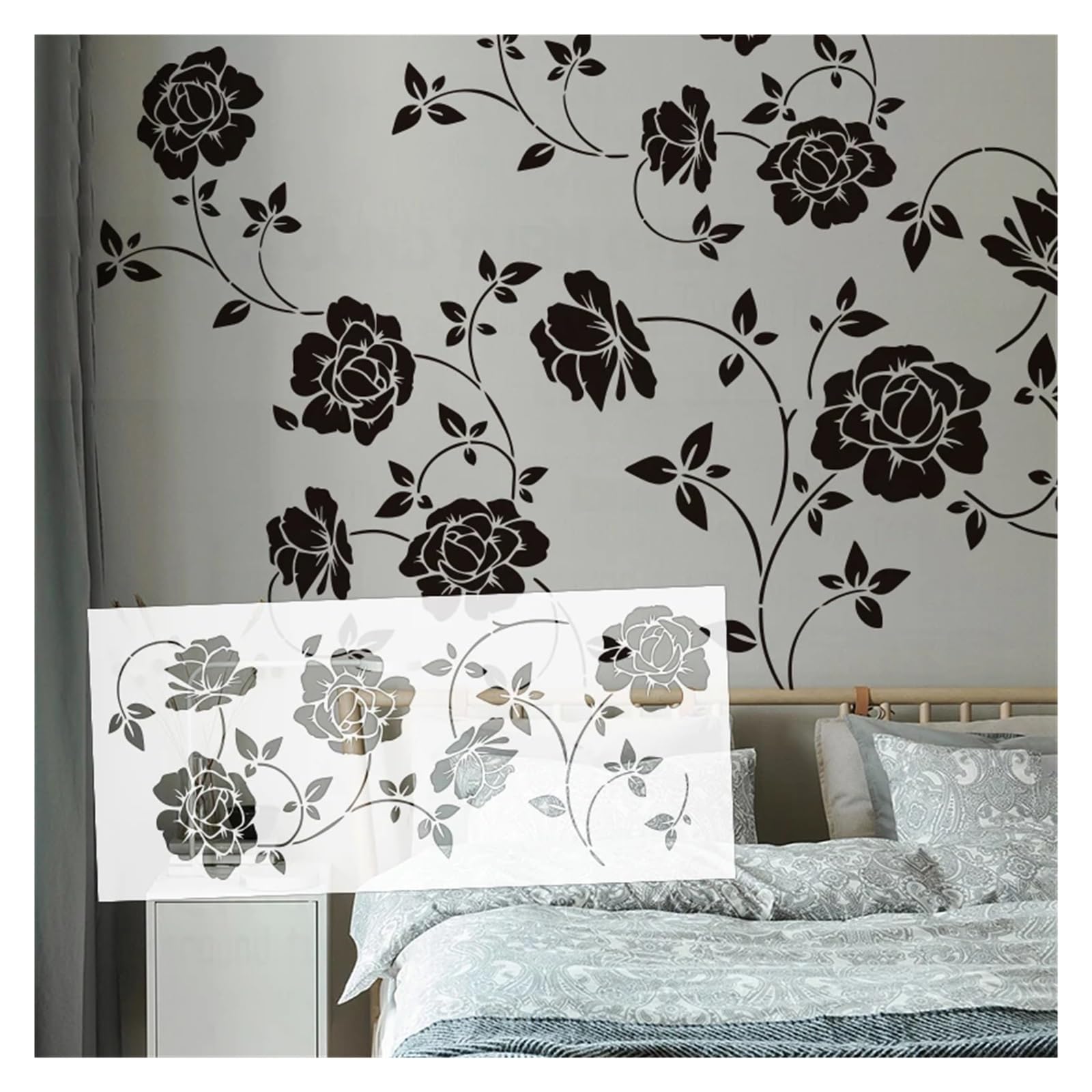 Plantilla de pared 73 cm a 122 for pintar, decorar, siluetas rosas, pétalos, hojas y tallos curvados, diseño floral
