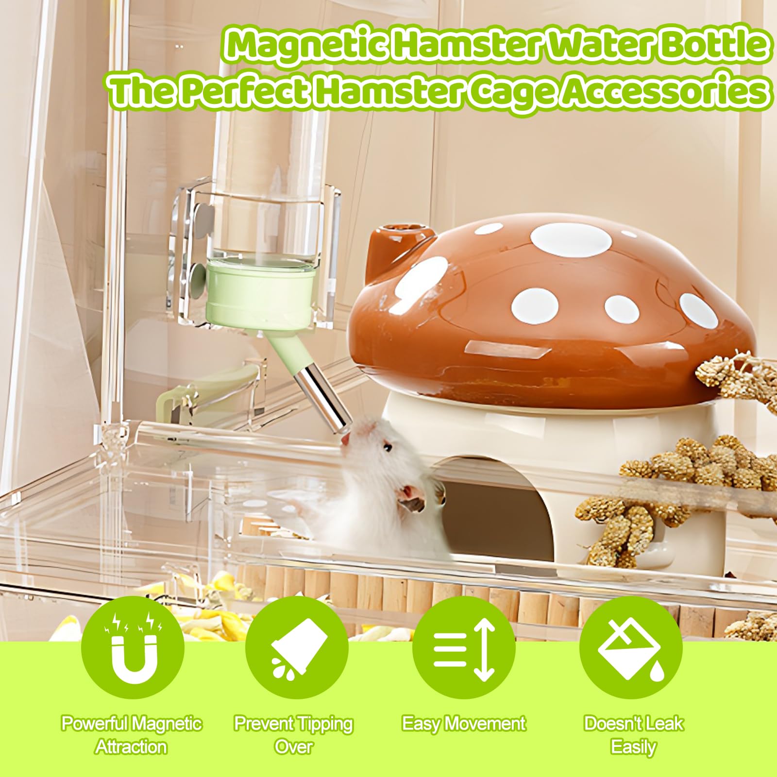 Hamster-Wasserflasche mit magnetischen Stents, Meerschweinchen-Wasserflasche, kein Tropfen, für kleine Tiere, Wasserflaschenspender für Glasbehälter, für Hamster, Meerschweinchen, Hasen, Frettchen