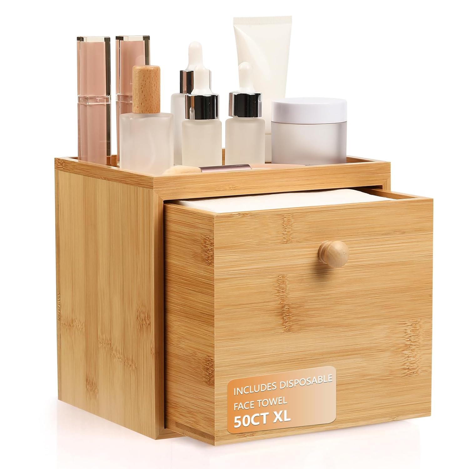 Disposable Face Towel with Bamboo Drawer Storage Box - Face Towelettes Disposable XL, Facial Towels Disposable, Makeup Organizer for Clean Towels, Makeup Remover Dry Wipes Washcloths 50 Ct
