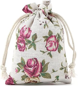 50PCS Jewelry Burlap Bags with Drawstring Linen Big Roses Flower Pouch Gift Bags for Wedding Favors Party and DIY Craft 4X6Inches