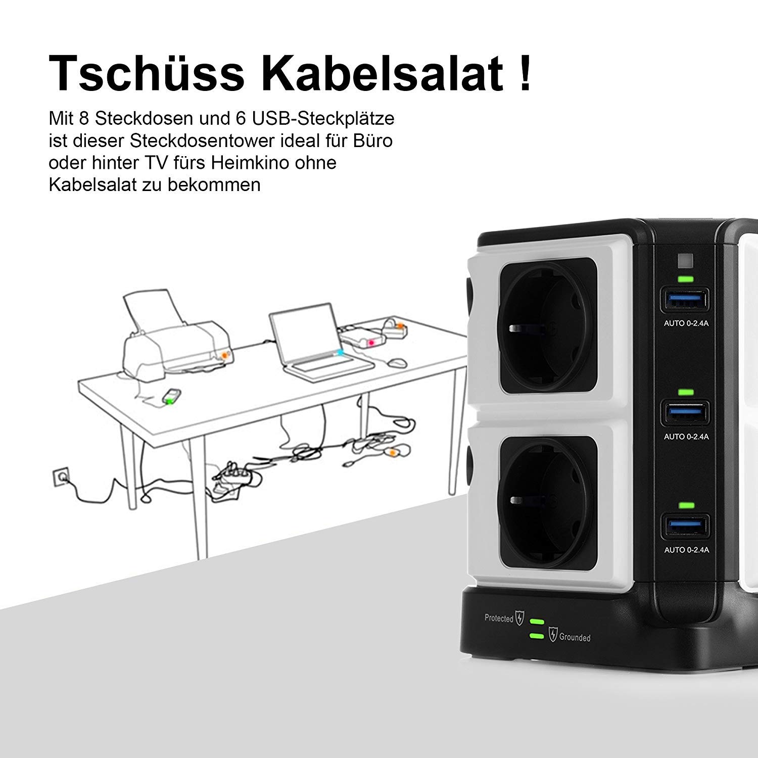 BESTEK Ciabatta elettrica a 8 prese e 6 USB, con interruttore singolo, protezione da sovratensione 1500J e fulmini 3600W