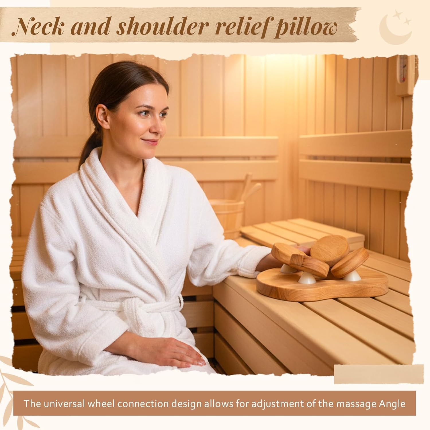 Wooden Sauna Headrest with Rotatable Disc Sauna Pillow for Stiff Neck Shoulder Pain Relief Head Health and Relaxation Natural Wood Accessories for Home, Spa, Gym