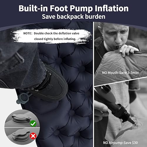 Miniatura 4 de Colchoneta de dormir doble para acampar, ultraligera, autoinflable, para 2 personas, con almohada incorporada, almohadilla de aire portátil para