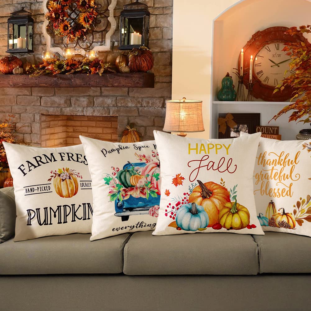 Herbst Kissenbezüge 4er Set 40x80cm - Kürbis Design Leinen Bezüge Für Wohnzimmer