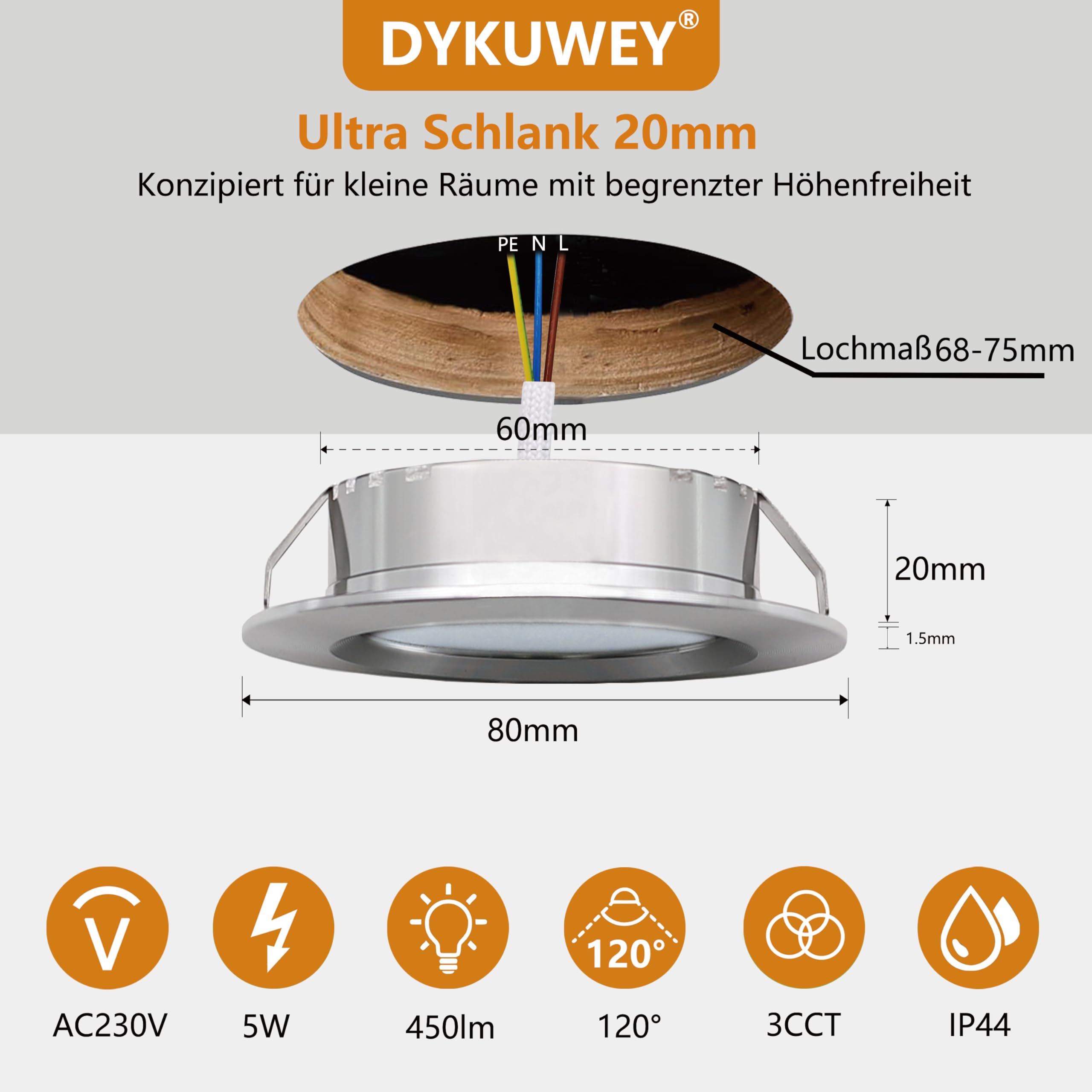LED Einbaustrahler 230V 5W,LED Spots IP44 Bad Einbauleuchten Deckenspots 68-75mm Lochmaß und 20mm Ultra Flach,Warmweiß Neutralweiß Kaltweiß Einbauspots für Badezimmer Küche,6er Set(Silber, 6er Set)