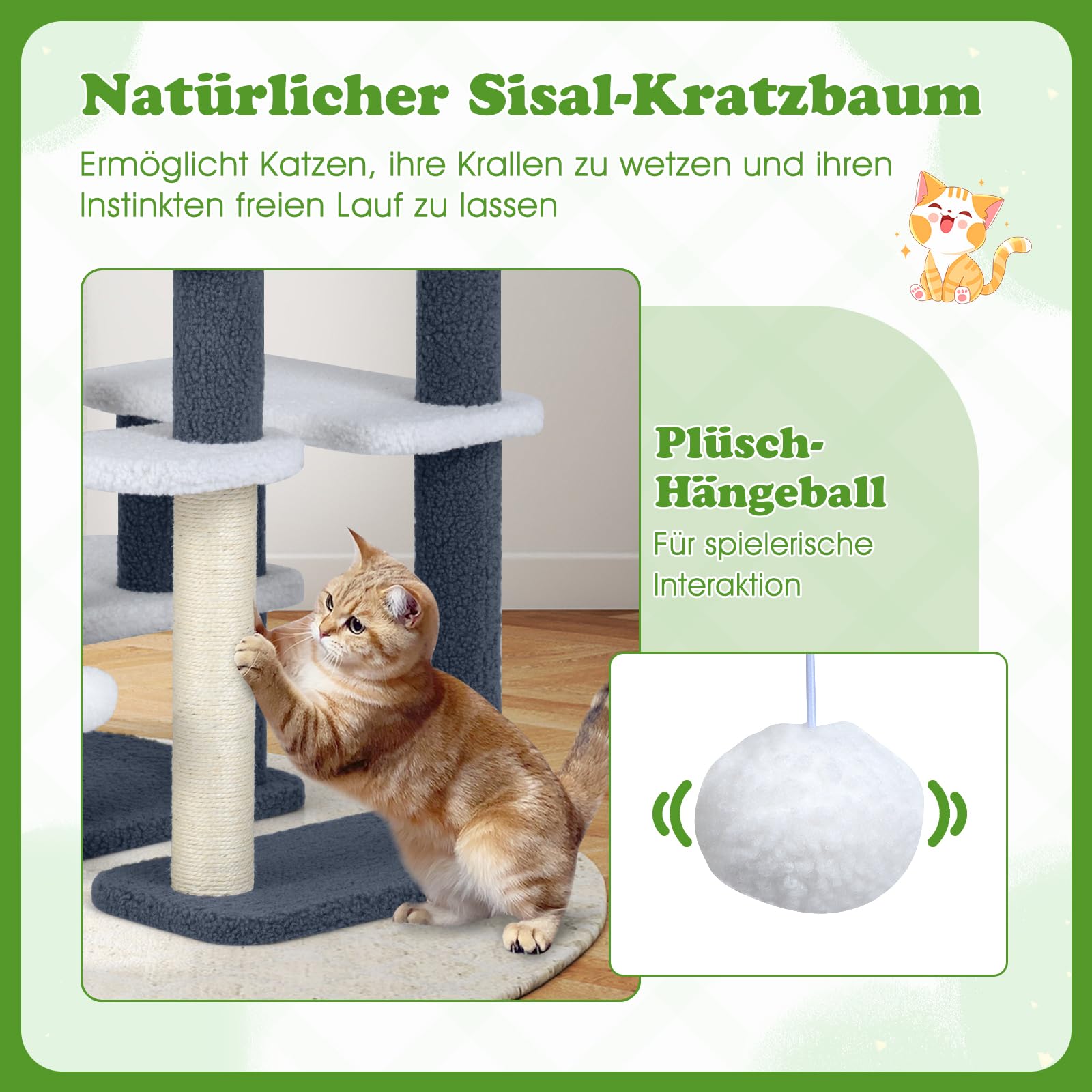 GYMAX 5 Stufen Katzentreppe, stabile Tiertreppe mit Sisal-Kratzstamm, Spielball & Plüschsitzfläche, Hundetreppe für Katze & Hunde bis 15 kg, Katzen Katzenmöbel, 62 x 41 x 77 cm
