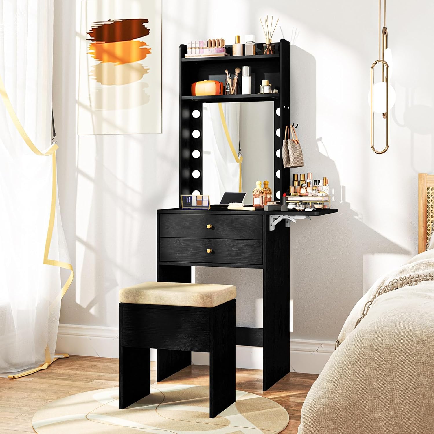 LOKO Vanity Desk Set with Mirror & Lights, Compact Vanity Table with 3-Color Lighted Mirror, Cushioned Stool & Power Outlets, Makeup Dressing Table with Foldable Panel for Bedroom, Cloakroom (Black)