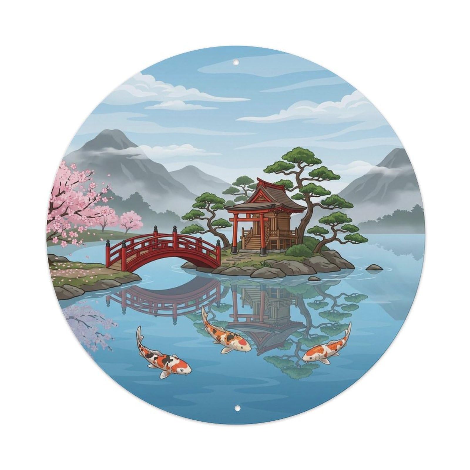 Shrine Pond Koi Garden Lake Vintage Temple Metal Tin Sign Plaque Wall Decor for Cafe, Man Cave, Club Bar, Office, Home Garden Round Metal Poster 8x8Inch
