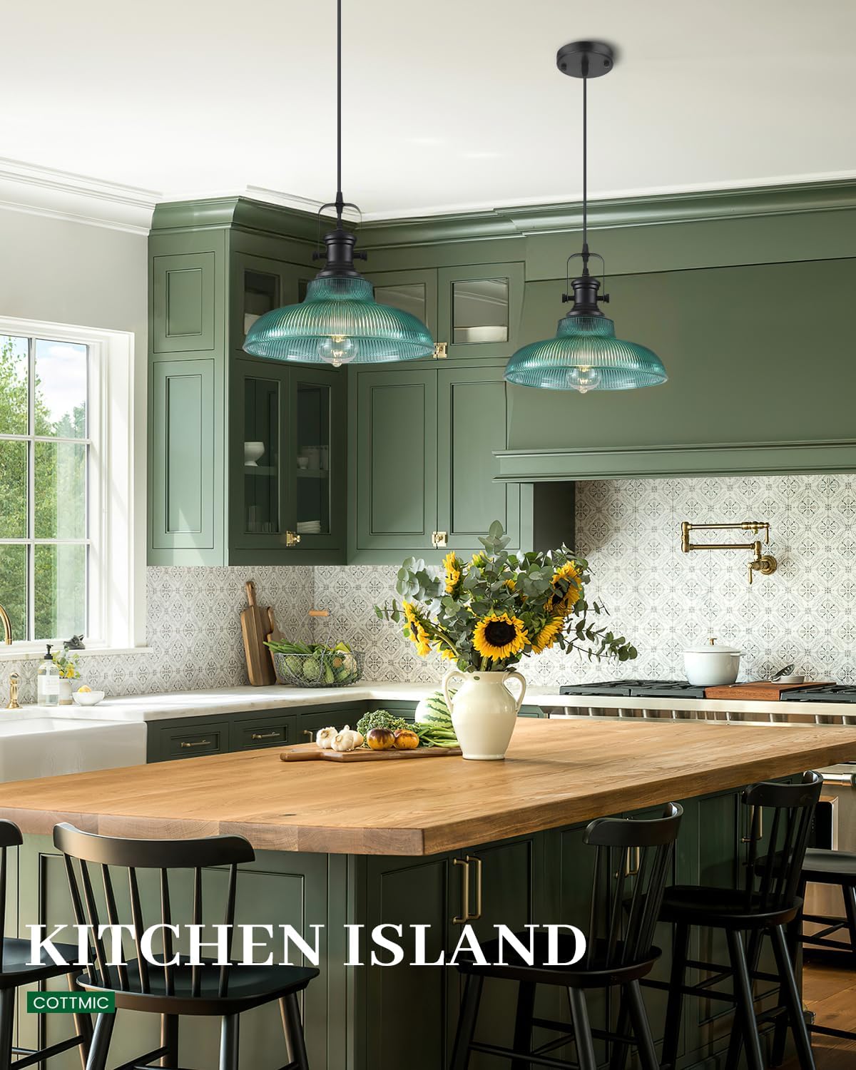 Green Glass Pendant Lights Kitchen Island, 12in, Ribbed Glass Kitchen Pendant Lights Fixture, Farmhouse Pendant Lighting for Dining Room Bedroom Bar Sink, 2 Pack