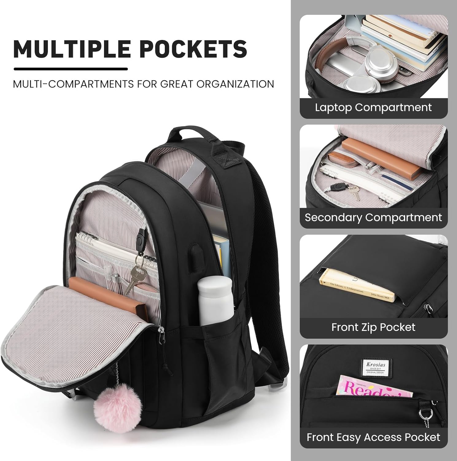 KROSIAS School Backpack for Teen Girls, 15.6 Inch College Backpack Elementary Middle High School Bag Large Cute Bookbags, Lightweight Laptop Backpacks Casual Daypack Kids Book Bag for Women Students