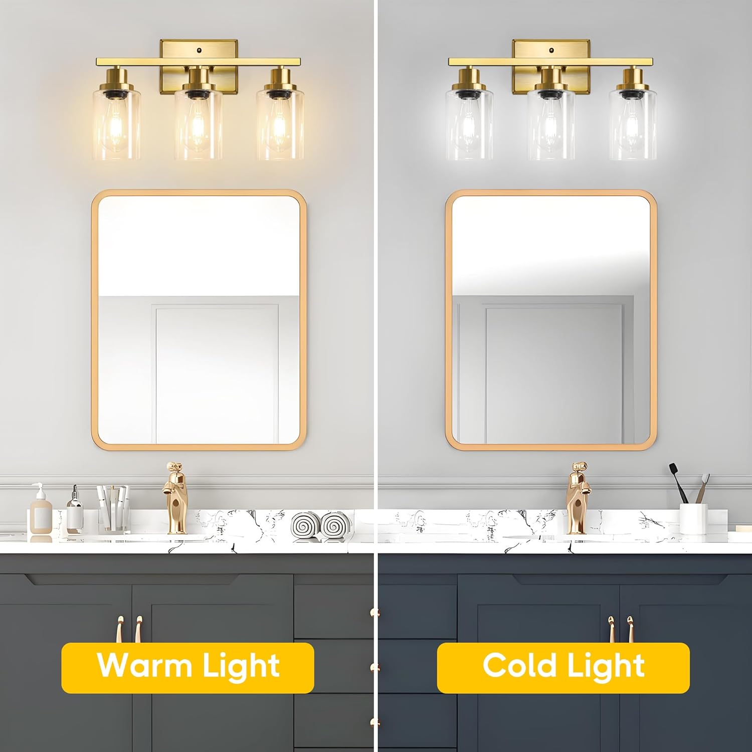 Ascher Bathroom Vanity Light Fixtures, 3 Light Wall Sconces Lighting with Clear Glass Shade, Gold Wall Lights for Mirror, Kitchen, Living Room, Gallery, E26 Base (Bulbs Not Included)
