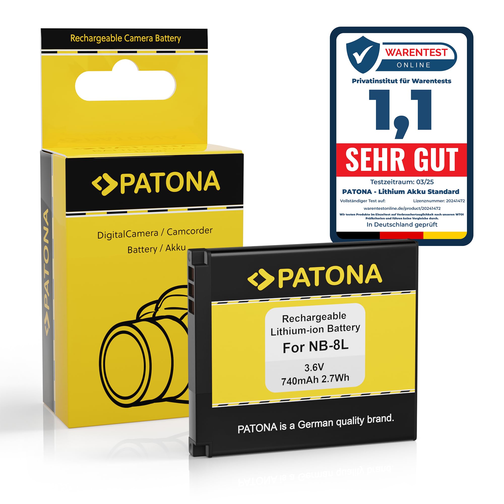 Batería PATONA NB-8L De 740mAh Y 3.6V, Compatible Con Canon PowerShot A2200, A3000, A3100, A3200, A3300, A3350, Recambio Perfecto Con Protección Contra Sobrecargas