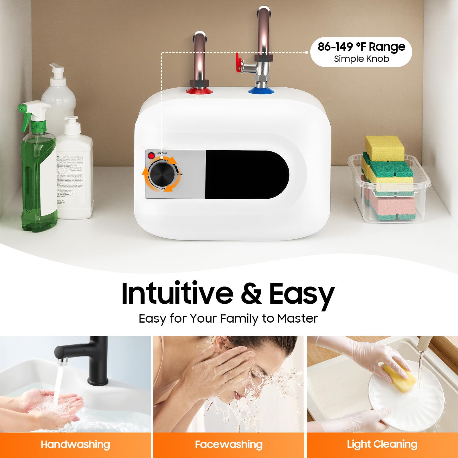 Scaldabagno, 6 l, 1500 W, per cucina e lavandino, bianco | Repomanda Scaldabagno con mini serbatoio, 6 l, 1500 W, 30-65 °C, protezione da surriscaldamento, per camper e cucina