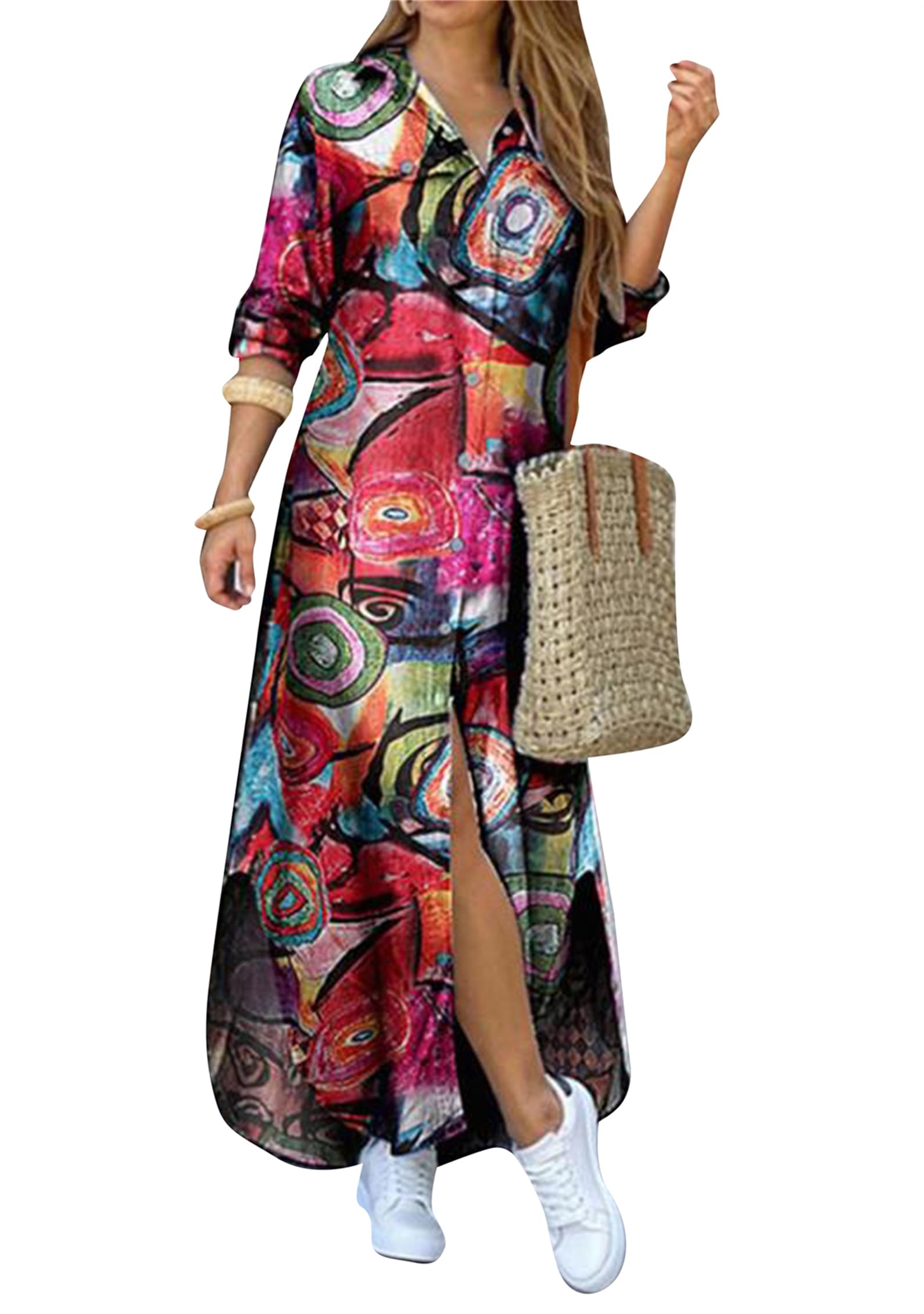 DIACACY Women's Casual Lapel Collar Floral Print Maxi Dresses Side Slit Long Sleeves Loose Slim Shirt Dresses