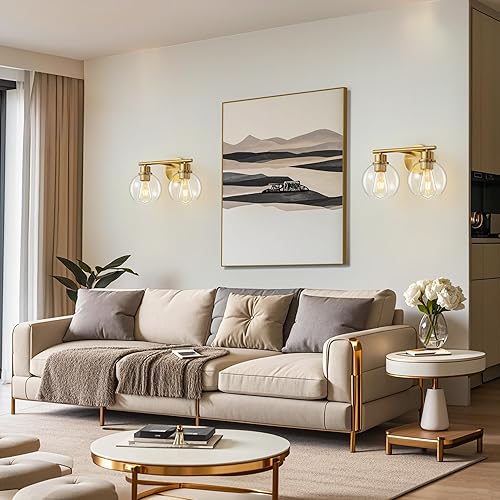 Miniatura 8 de Lámparas de baño sobre espejo, 2 luces, lámpara de tocador de baño con pantalla de vidrio transparente de 13.8 pulgadas, aplique de pared dorado de