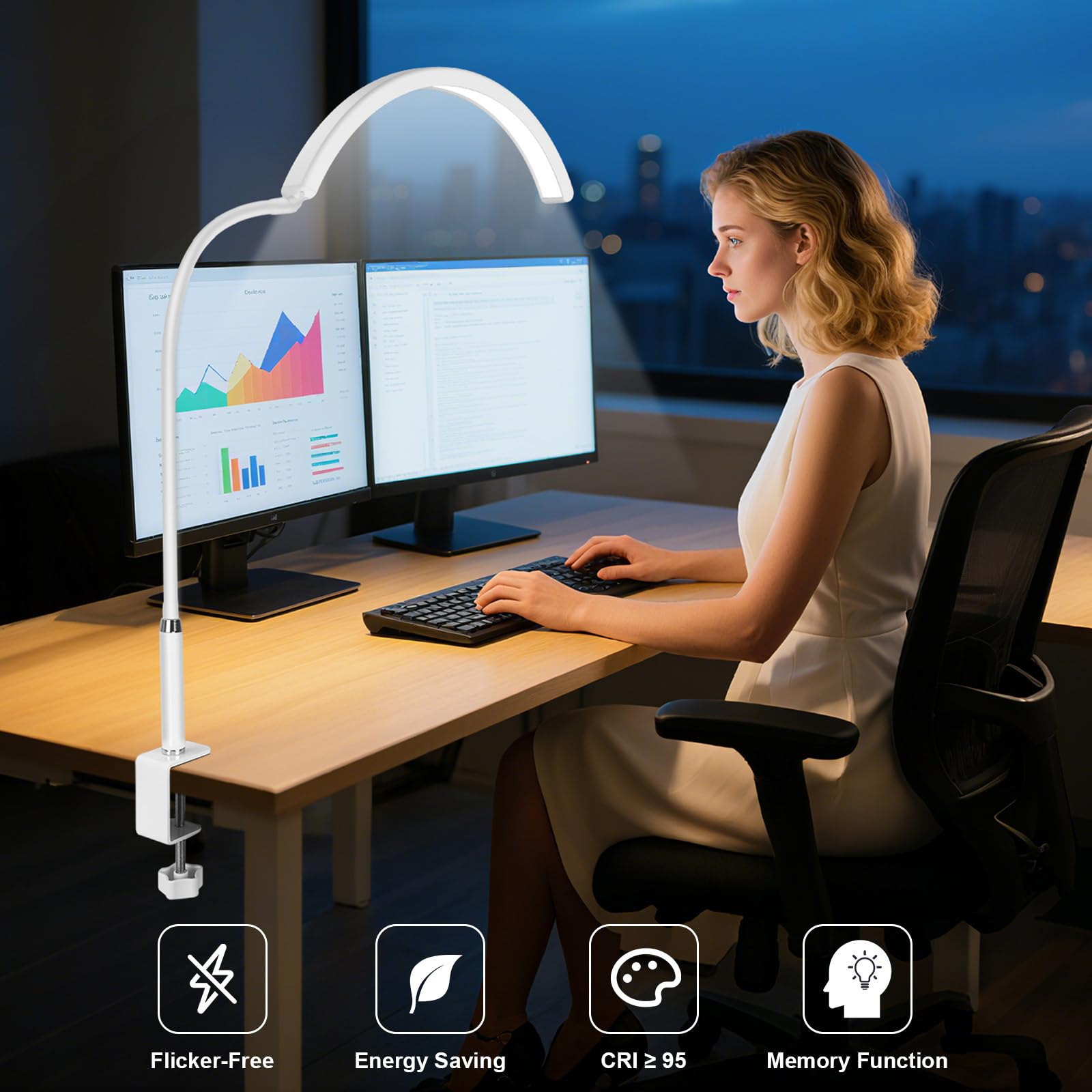 Lampada da scrivania professionale a LED a mezza luna per nail tech e artisti, lampada flessibile a collo di cigno con morsetto, 3 modalità di colore e 5 livelli di luminosità per manicure