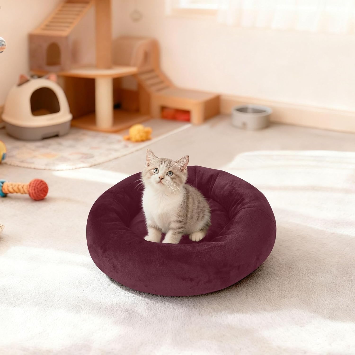 Dog Bed Ultra Soft Fluffy Comfortable Cat Bed, Wine Red Washable Dog Beds Anti-Slip Round Pet Beds for Medium Dogs
