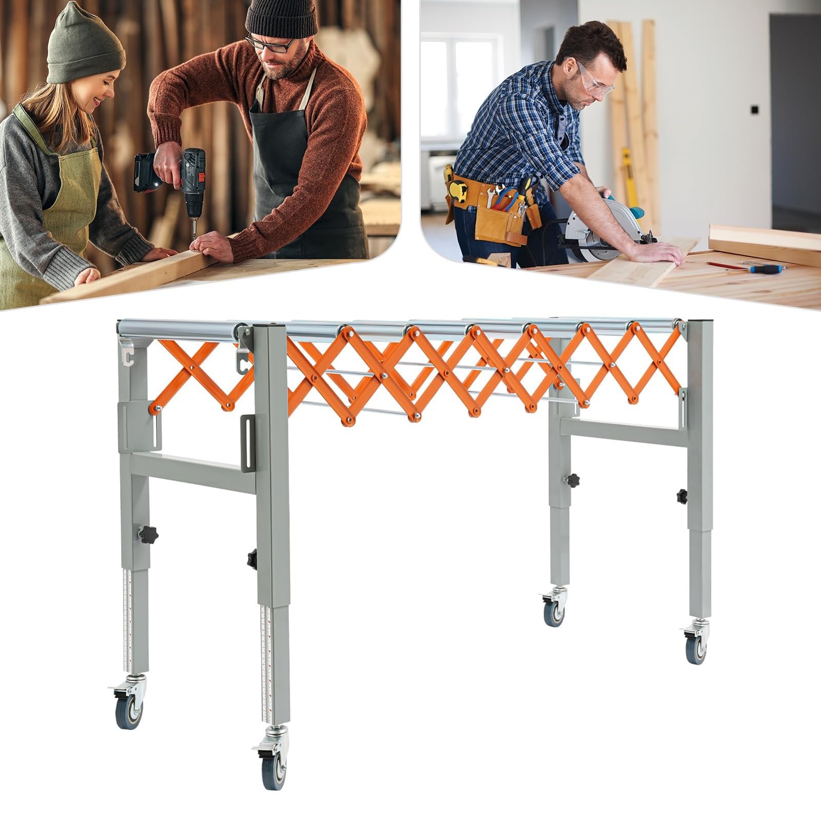 Soporte de Rodillos transportadores Ajustable, Cinta transportadora giratoria Extensible con 4 Ruedas, Mesa Extensible con Sistema de gi-ro de Rodillos y 2 Ganchos, Carro telescópico