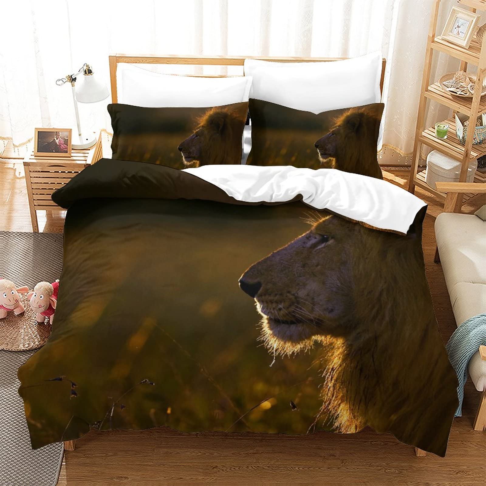 Housse de Couette Lion 3D 200x200 cm avec 2 Taies d'Oreiller pour Parure de Lit Double
