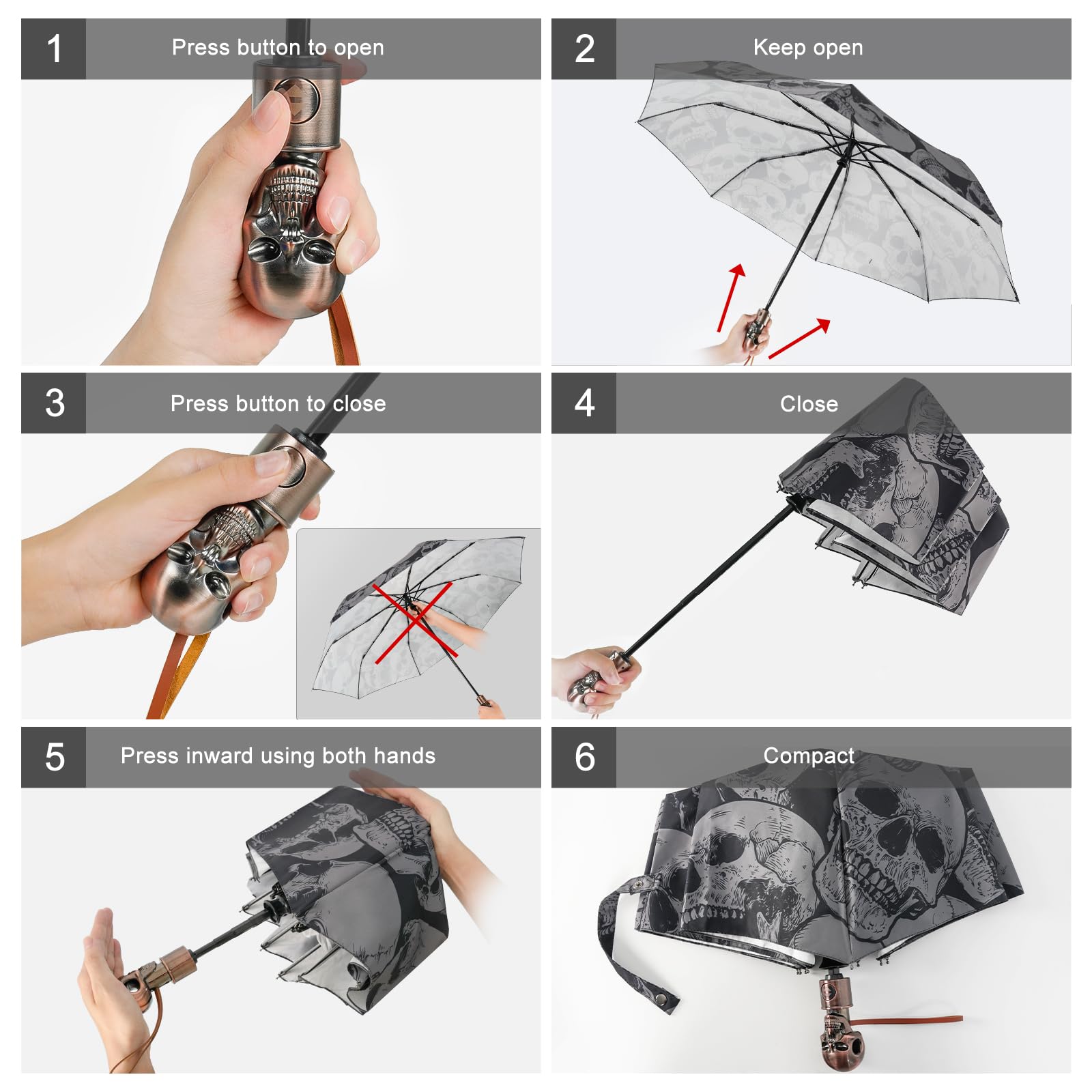 Lejorain Paraguas gótico plegable portátil, cierre automático, resistente al viento, paraguas de viaje, ligero, resistente, paraguas de lluvia para hombres y niños