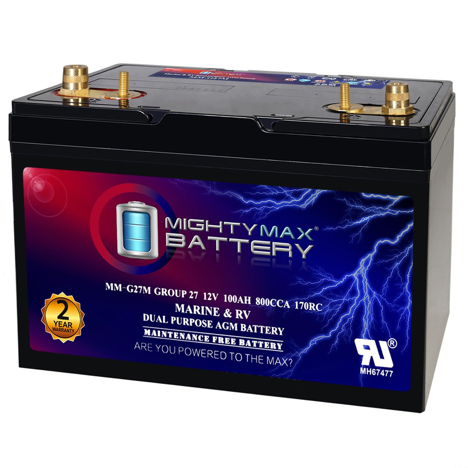 Mighty Max Battery MM-G27M, 12V 100Ah, Group Size 27M Deep-Cycle Marine AGM