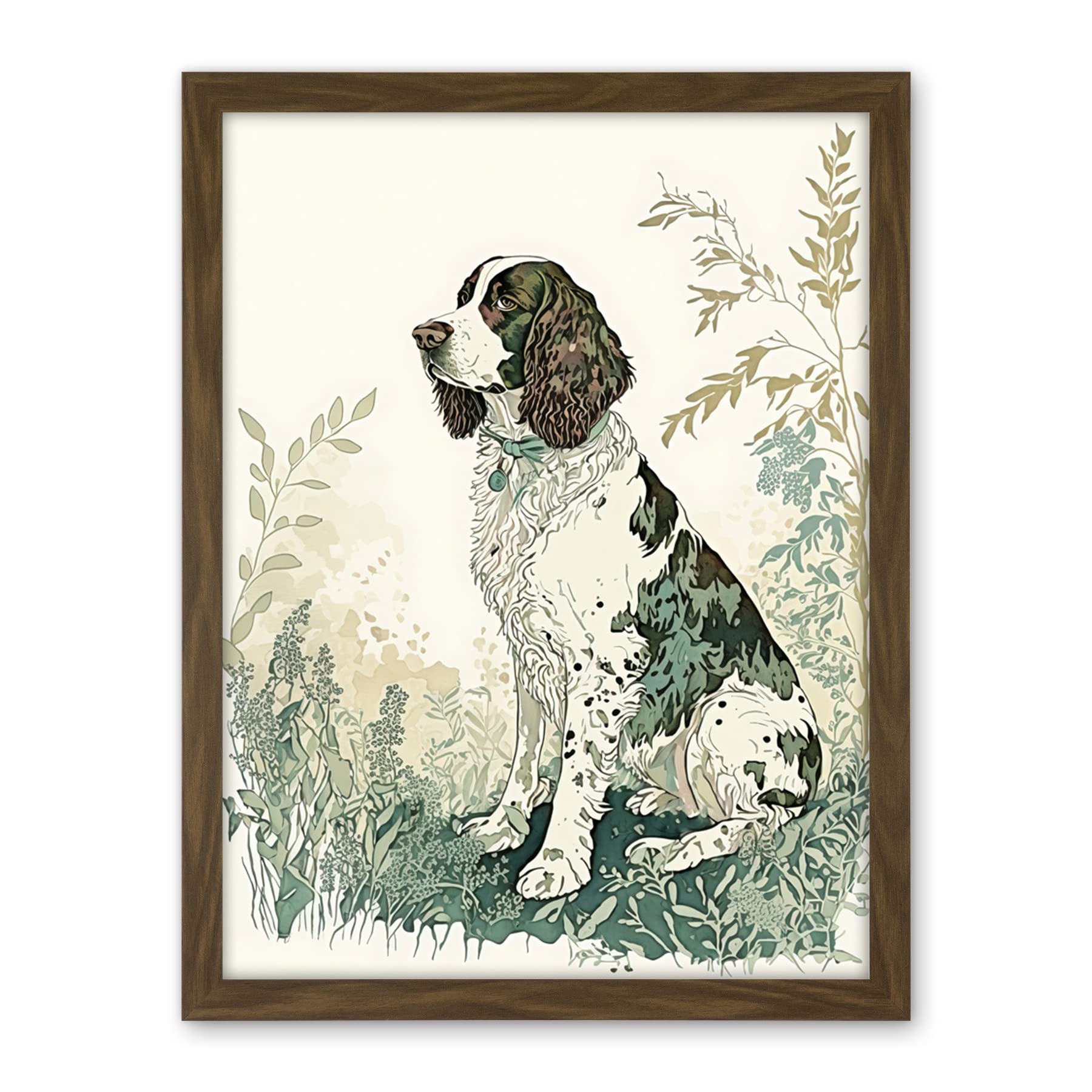 Artery8 English Springer Spaniel Dog in Field Modern Pastel Watercolour Illustration Artwork Framed Wall Art Print 18X24 Inch