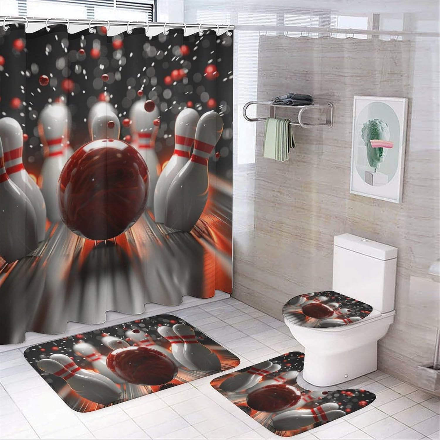 HDESDIS 4Pcs Bowling Ball Field Shower Curtain Sets, Bath
