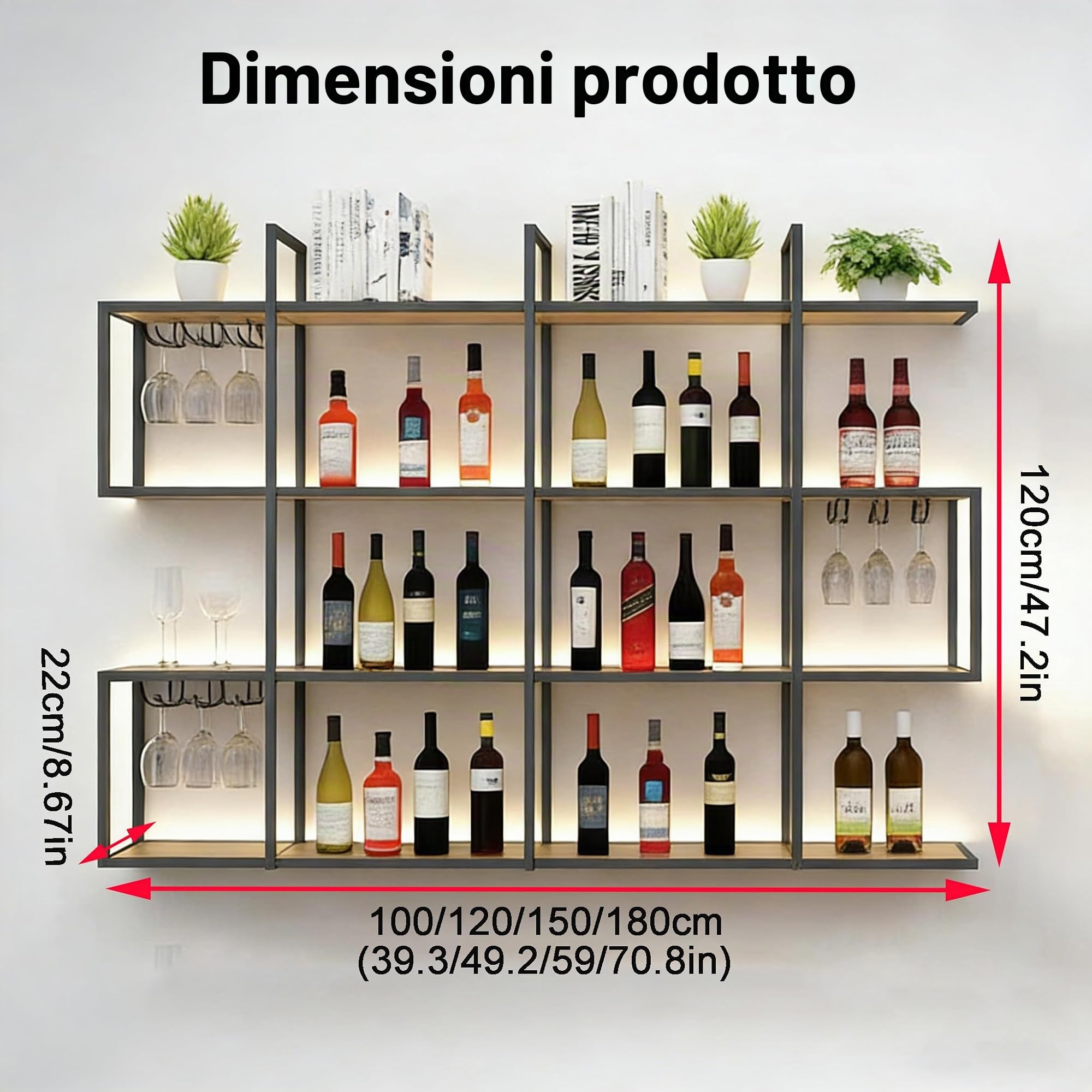 120CM Portabottiglie da parete con luce a LED, portabottiglie da parete in metallo a 4 ripiani con ripiani, industriale per la decorazione di bar e sala da pranzo (Black, 47.2IN)