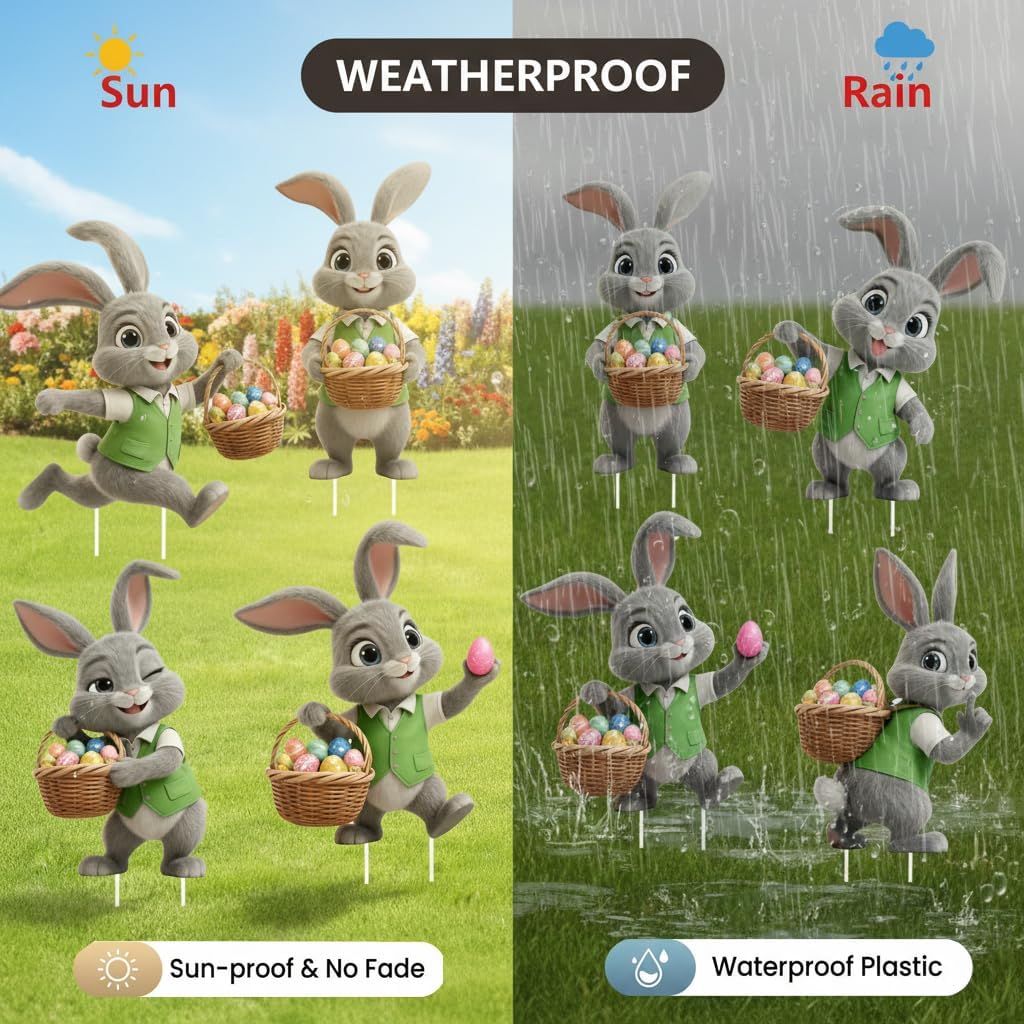 6 PCS Easter Bunny Yard Signs Decorations, Weatherproof Easter Decorations with Stakes,Durable Lawn Signs Outdoor for Garden, Spring Outdoor Home Decor (grey bunny)