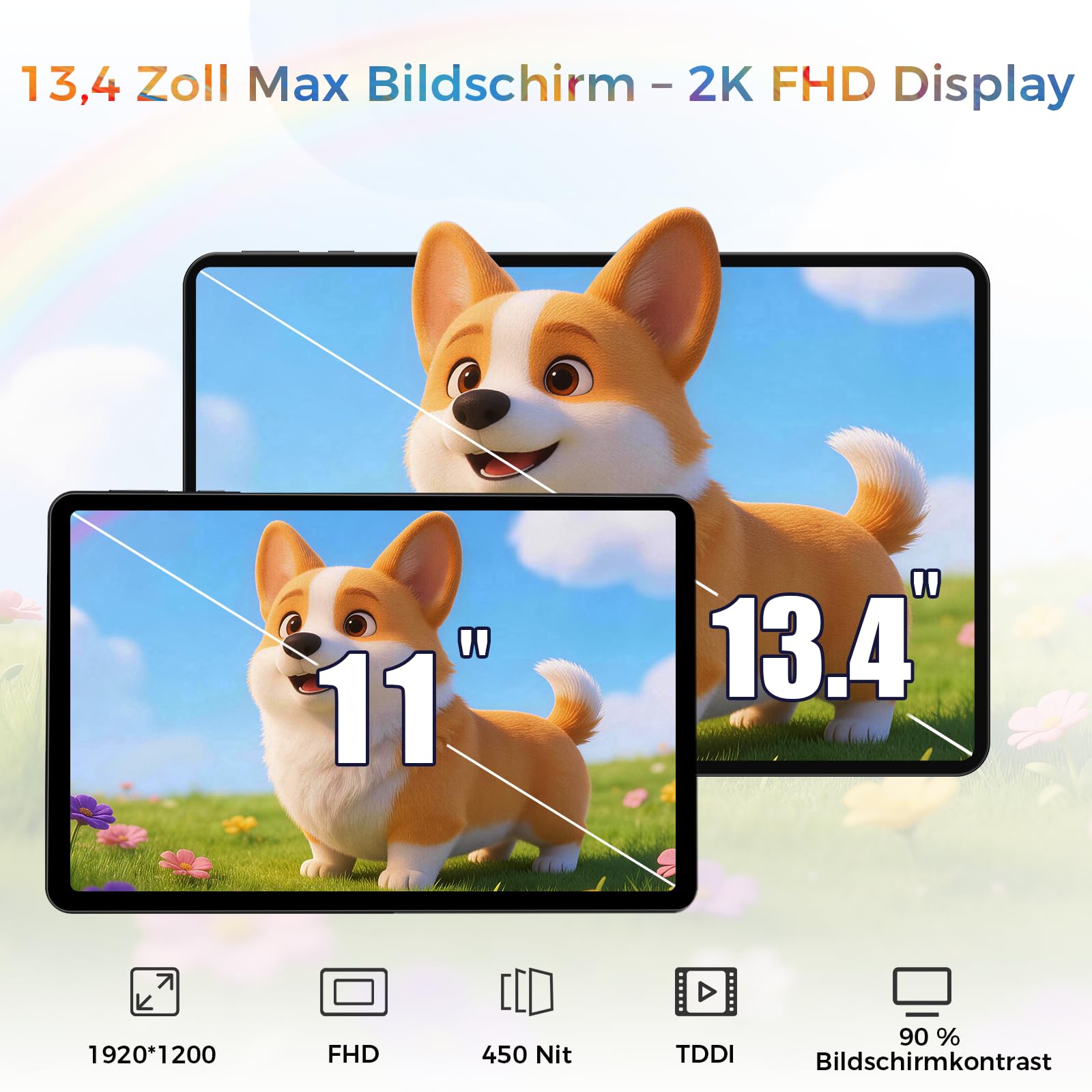 2026 Tablet 13.4 Zoll Android 16 Tablet, 32GB RAM+256GB ROM/1TB TF, 10000mAh Tablet Octa-Core 1920 * 1200 IPS, 5+16MP/GPS/Widevine L1/18W Schnellladung