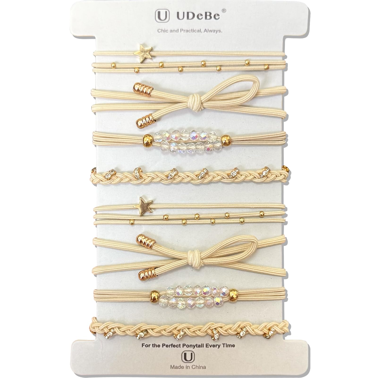 8 Pack Elegant Hair Ties with Gold Beads, Stars, and Crystal – Beige Thin Elastic Ponytail Holders for Women – Chic No Damage Hair Accessories for Al