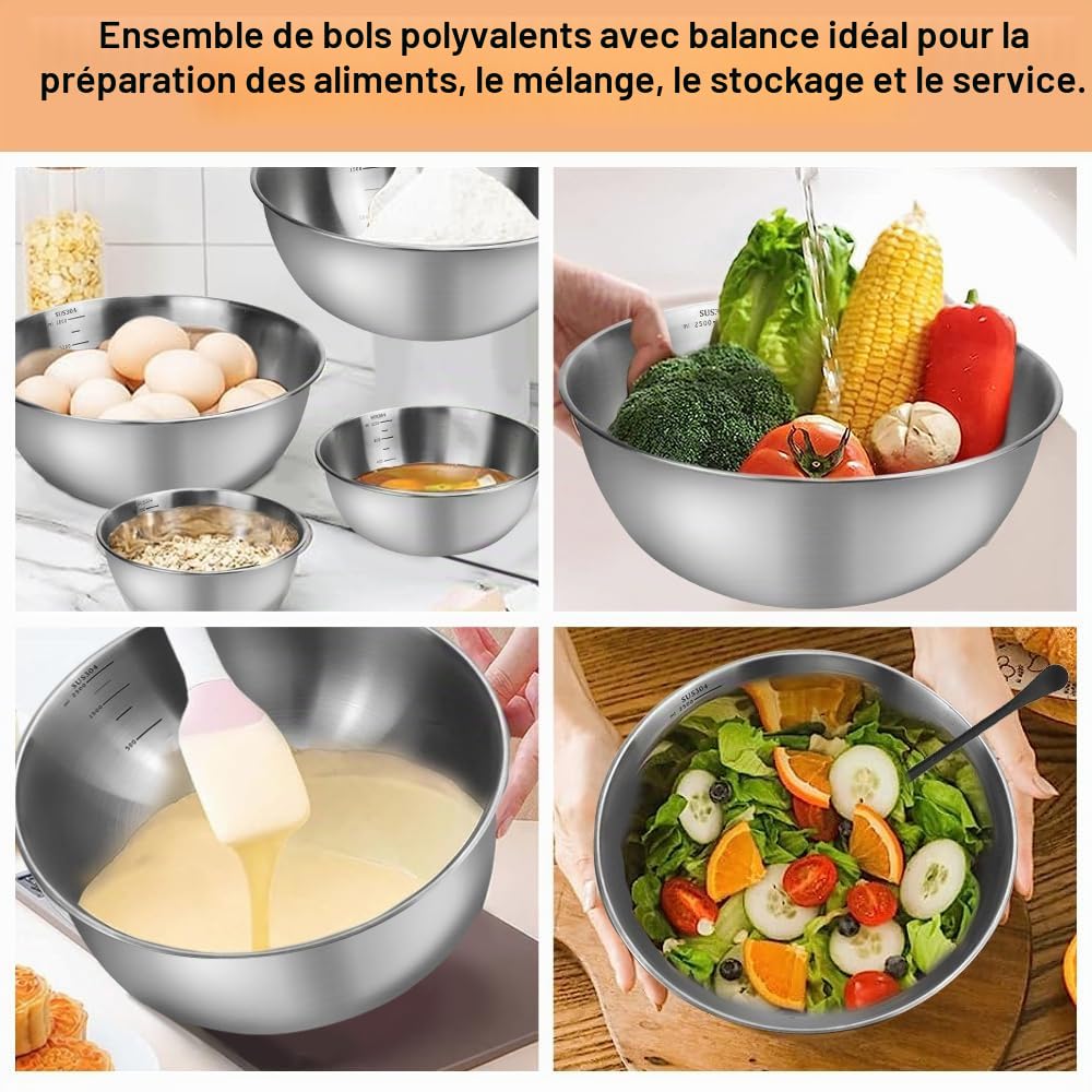 ADERTOS 4PCS Bols Mélangeurs en Acier Inoxydable - Bol à Mixer, Cul de Poule, Saladier Antidérapant et Bâtonnet à Remuer pour Cuisson et Pâtisserie