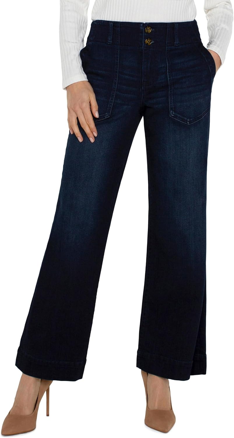 Liverpool Womens Patch Pocket Mid-Rise Wide Leg Stretch Denim