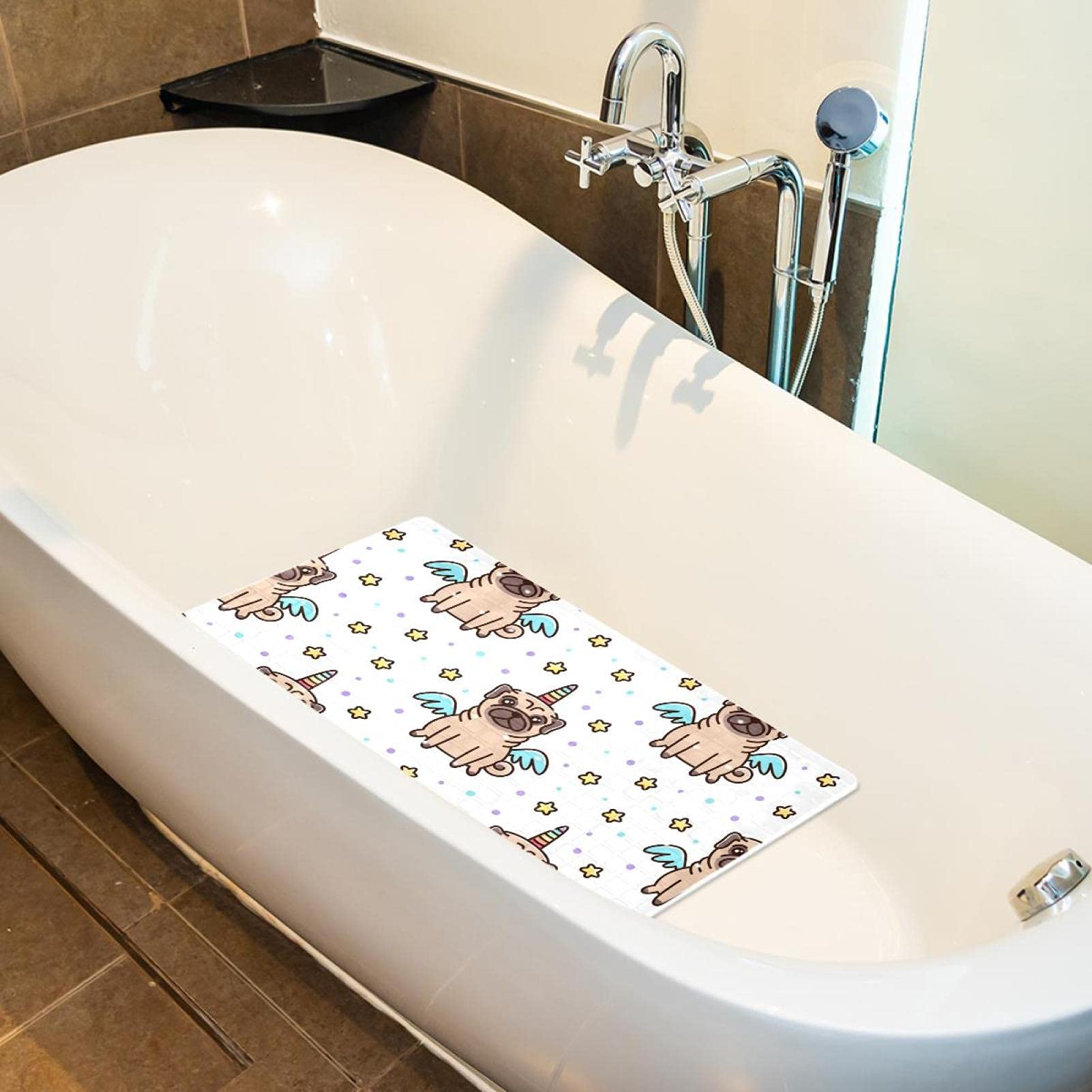 Rutschfeste Badematten mit niedlichem Mops-Motiv, Einhorn-Motiv, Sterne, Flügel, für Badezimmer, rechteckige Badewanne, maschinenwaschbar, 40 x 70 cm